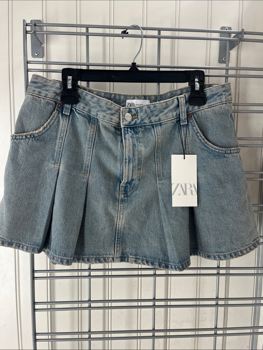 ZARA Washed Blue Pleated Denim Mini Skirt
